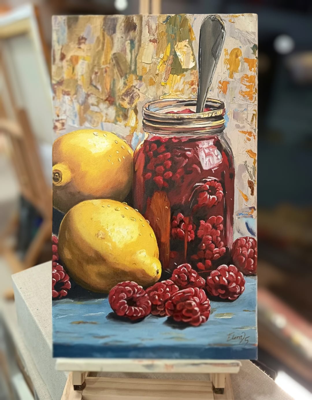 Pintura al óleo bodegón de frambuesas y limones