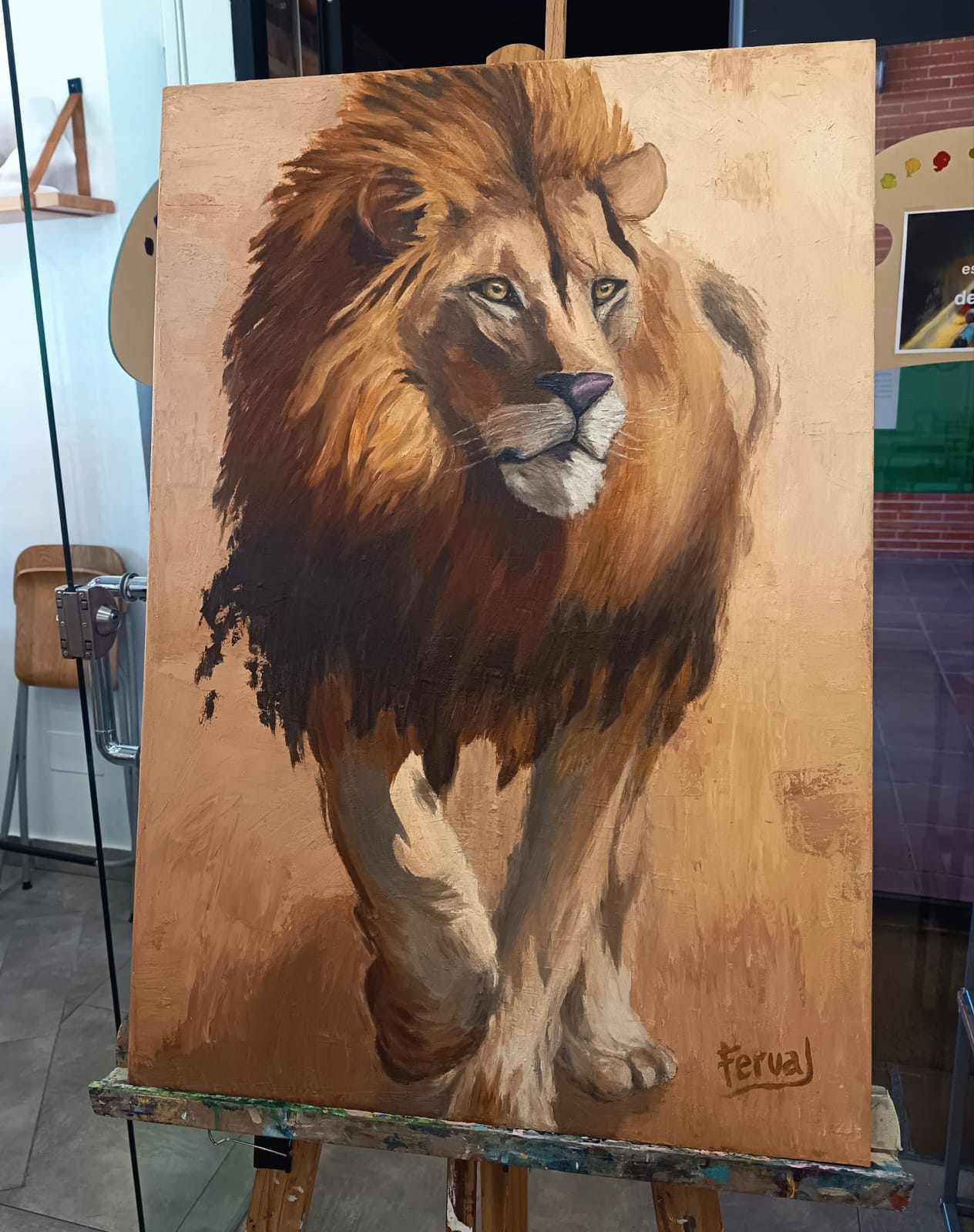 Pintura al óleo de león africano