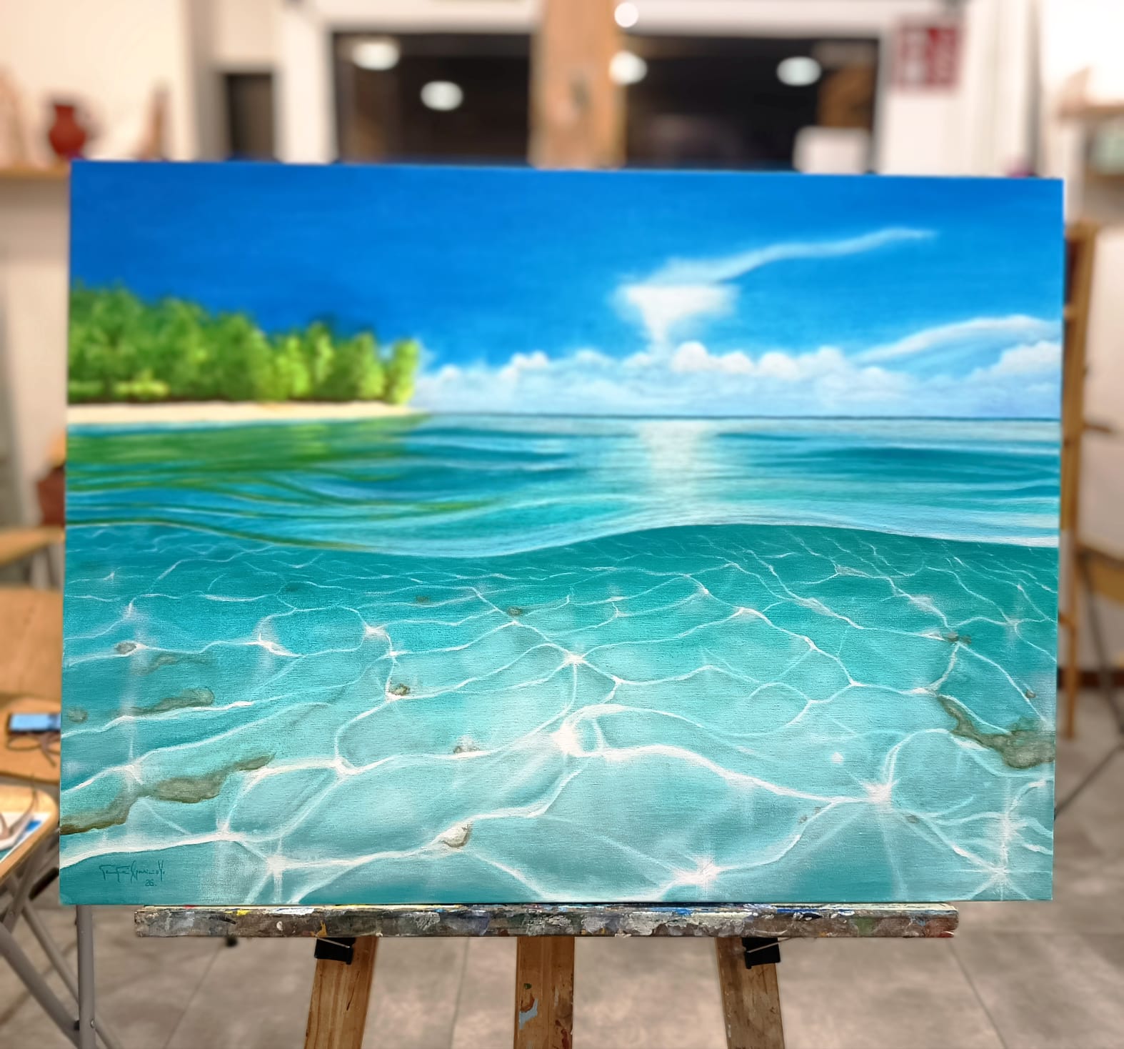 Pintura al óleo de mar cristalino y playa tropical