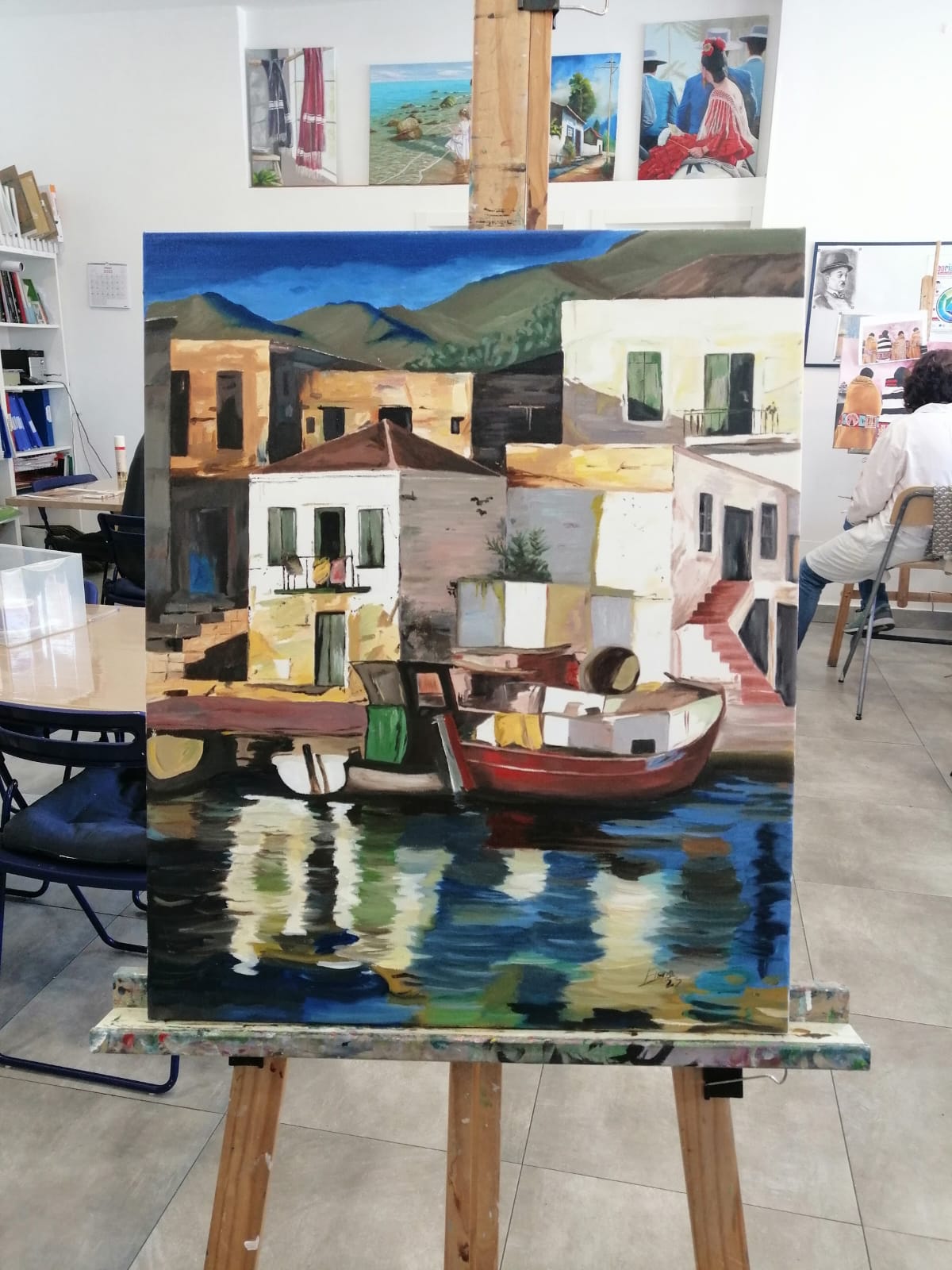 Pintura al óleo de puerto con barcas en el Mediterráneo